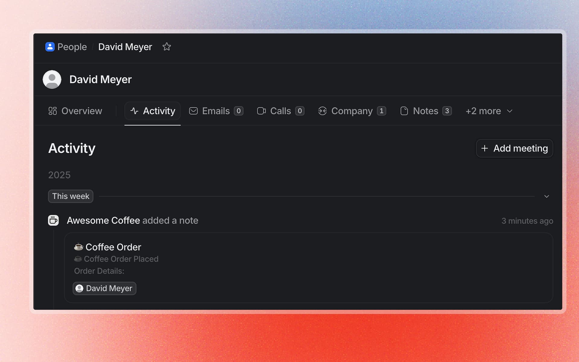 Coffee order activity showing in Attio contact timeline with order details and tracking